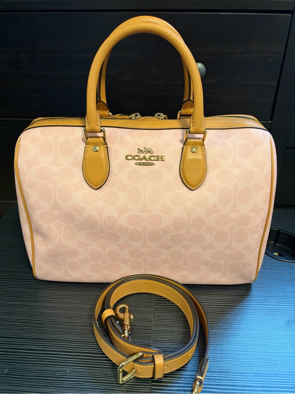 Coach Large Rowan Pink Powder Signature Canvas Satchel with Tan Leather Trim